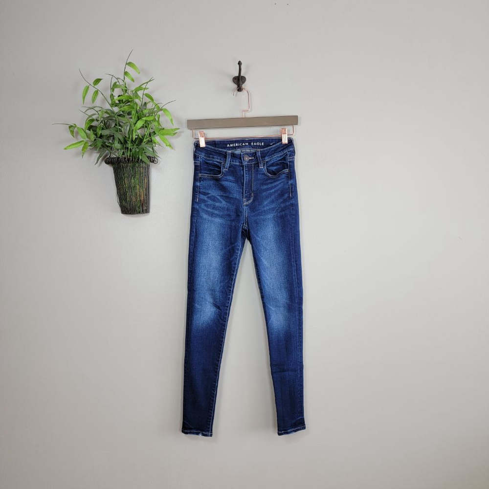 American Eagle Skinny Jeans Jegging Hi Rise Dark Blue Wash Super Stretch AE 0 S